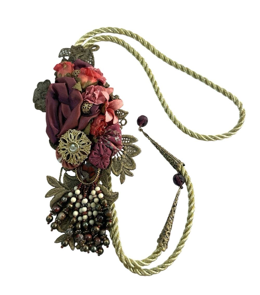 Ornate Burgundy Gold Floral Beaded Curtain Tieback Tassel 20โ Single